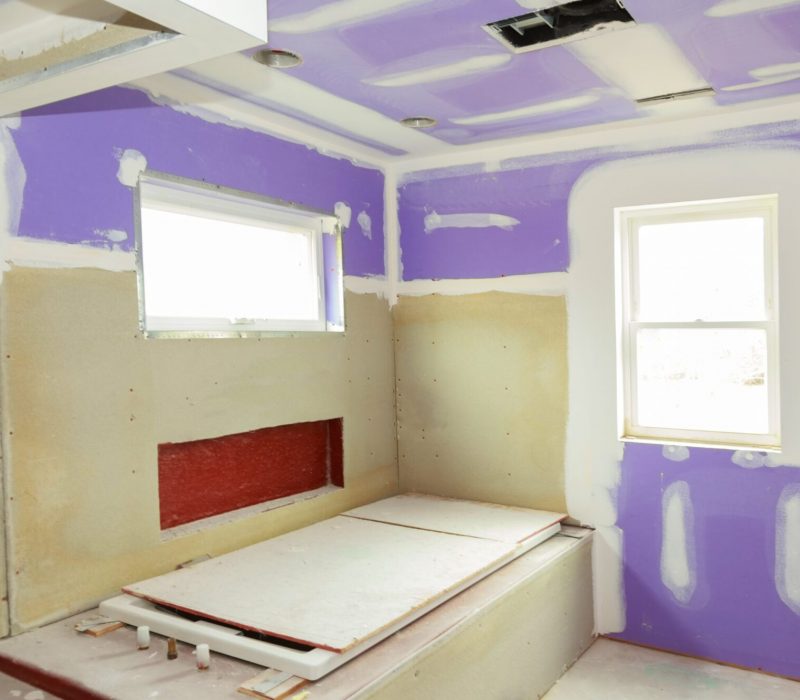 New under construction bathroom interior with drywall and patching drywall tape bathroom