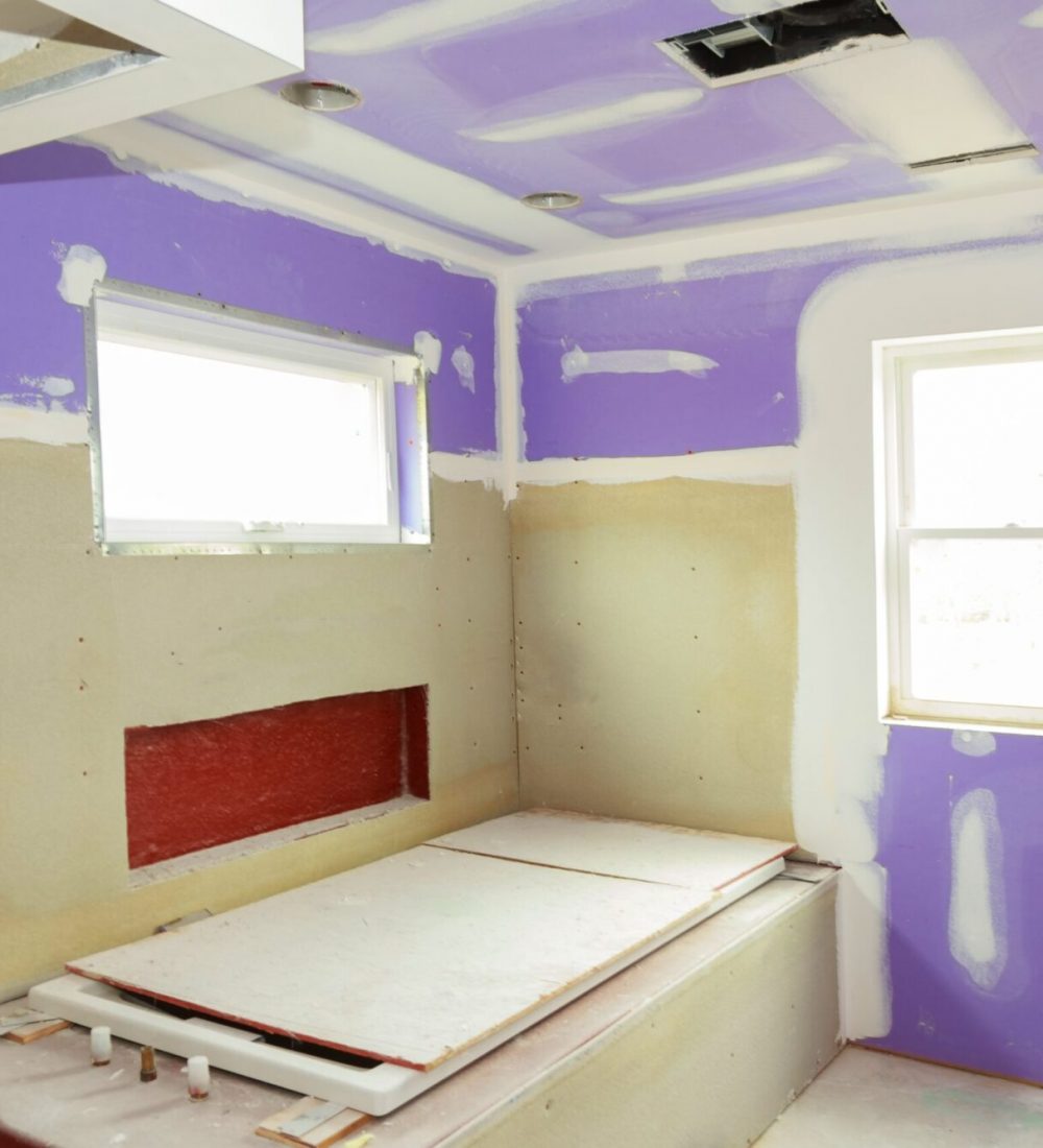 New under construction bathroom interior with drywall and patching drywall tape bathroom